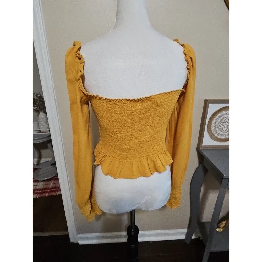Reformation Mustard Yellow Smocked Crop Top Blouse Square Neck Long Sleeve Sz S
